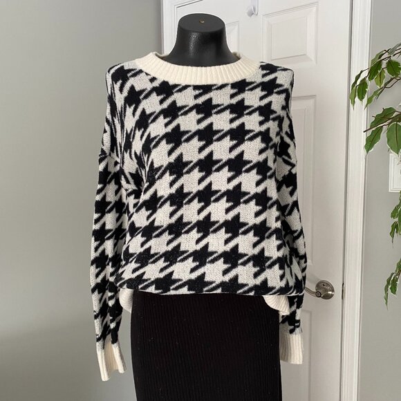 Lou & Grey Ladies Black And White Houndstooth Knit Sweater Soft Oversized Large - Picture 1 of 6
